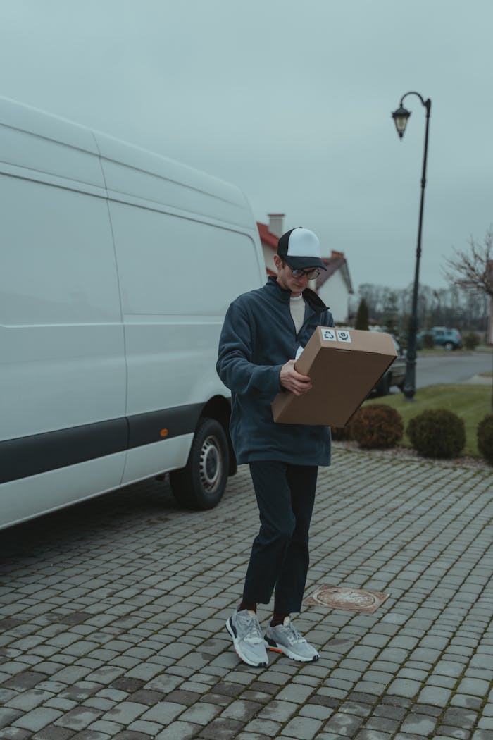 Male courier delivering package outdoors, wearing a cap and jacket next to a delivery van.