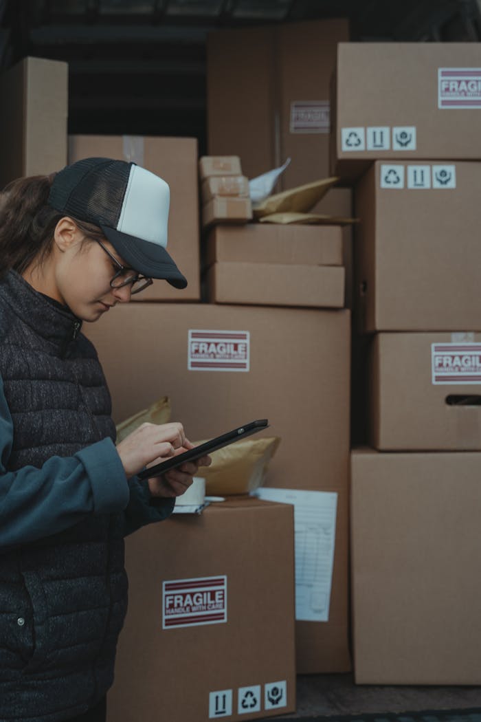 A warehouse employee checks inventory on a tablet beside stacked boxes marked fragile.